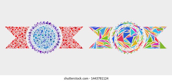 Seal template with ribbons collage icon of triangle elements which have various sizes and shapes and colors. Geometric abstract vector illustration of seal template with ribbons.