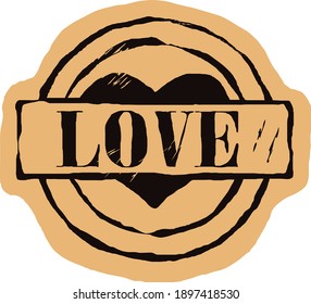 Seal with text Love and heart. Romantic icon with heart. Logo on craft paper background. Love symbol vector round shabby emblem in old style. Grunge style icon stamp. Retro classic design. Give heart