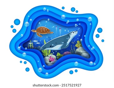 Seal and turtle animals on paper cut sea life banner. Underwater scene featuring marine life in the ocean depth teeming with vibrant coral, fish, and bubbles inside of 3d vector layered wavy frame