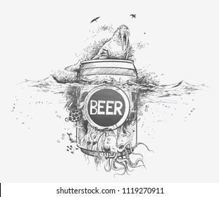 Seal with Underwater Beer - Retro Ad art banner - poster. Hand Drawn Sketch Vector illustration.