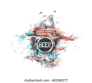 Seal with Underwater Beer - Retro Ad art banner - poster. Hand Drawn Sketch Vector illustration.