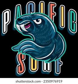 Seal with Underwater Skulls - Pirate Design Poster. vector illustration, college department, surf california, Malibu beach. Pacific Beach Text