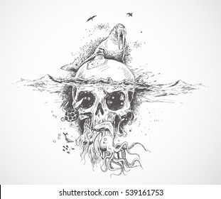 Seal with Underwater skulls -  Pirate Design poster. vector Illustration