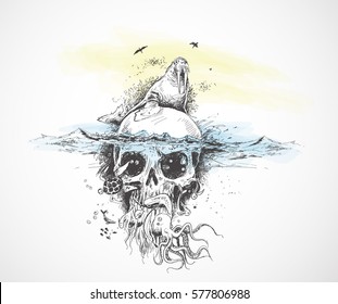 Seal with Underwater skulls - Pirate Design poster. vector Illustration