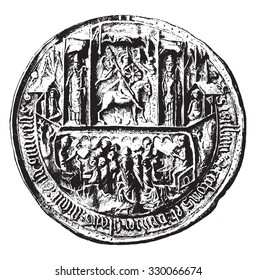 Seal of the University of Angers in the Middle Ages, vintage engraved illustration. Magasin Pittoresque 1877.
