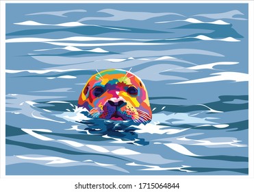 Seal in the water on pop art style for background and illustration