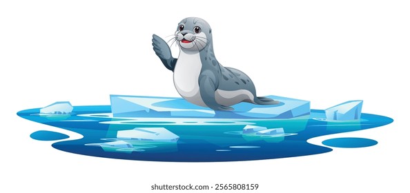 Seal waving playfully on a floating ice platform in icy waters. Vector cartoon illustration