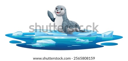 Seal waving playfully on a floating ice platform in icy waters. Vector cartoon illustration