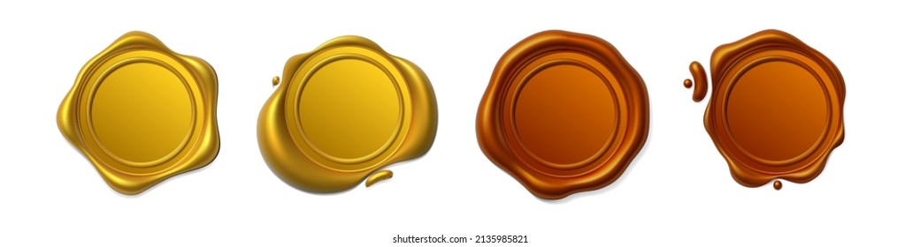 Seal wax 3d. Gold and cooper Wax candle stamp. Realistic vector render design elements.