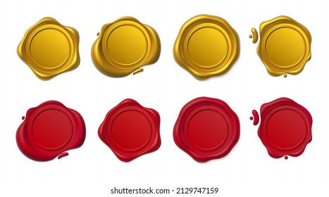 Seal wax 3d. Gold and Red Wax candle stamp. Realistic vector render design elements.