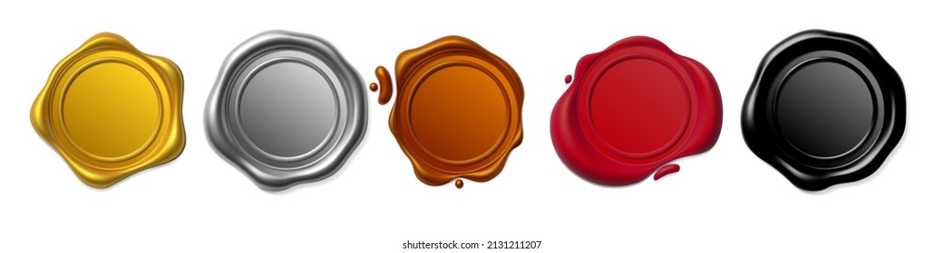 Seal wax 3d. Gold, silver, cooper, black and red Wax candle stamp. Realistic vector render design elements.