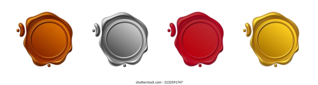 Seal wax 3d. Gold, silver, cooper and red Wax candle stamp. Realistic vector render design elements.