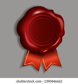 Seal wax red stamp with ribbons  . Stamp wax for certificate and document. Vector illustration.