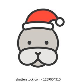 seal wearing santa hat outline icon, editable stroke