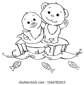 Seal and white bear, on the ice, smiling. Polar cute animals, contour drawing, on white background. Winter hand drawn, vector drawing.