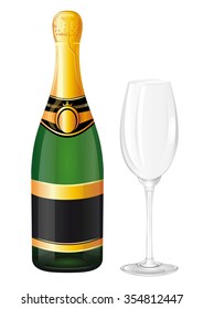 Sealed bottle of champagne and empty wine glass. Vector illustration.