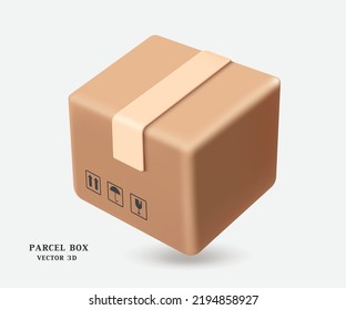 Sealed brown parcel box or cardboard box and there is caution crack and caution wet icon on side of box,vector 3d isolated on white background for transport,logistics,delivery concept design