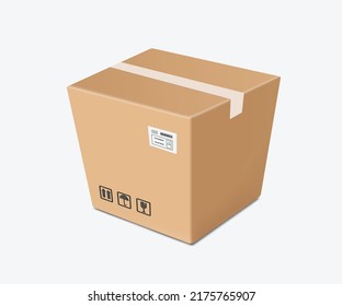 Sealed brown parcel box and there is a caution crack and caution wet icon on the side of the box,vector 3d isolated on white background for transport and delivery concept design