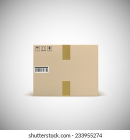 Sealed cardboard box with barcode tape and traffic signs. Front view. Realistic illustration.