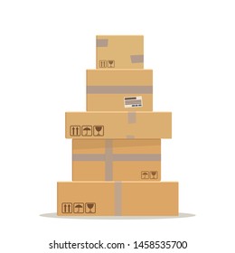 Sealed cardboard boxes, parcels, packages stacked on each other. Side view. Business vector illustration. Flat design, cartoon style, isolated in white background.