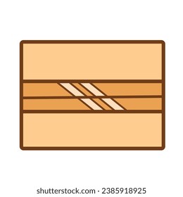 Sealed cardboard package with brown colored duct tape from top view vector icon outlined isolated on square white background. Simple flat cartoon art styled drawing.