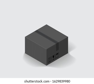 Sealed closed black colored cardboard box isolated on white isometric vector illustration