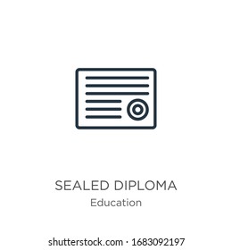 Diplom-Ikone versiegelt. Dünne, linear versiegelte Diplomskulptur Symbol einzeln auf weißem Hintergrund aus der Bildungs-Sammlung. Vektorillustration der Linie, Symbol für Web und Mobilfunk