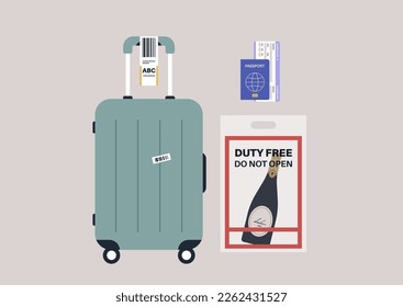 A sealed duty free plastic bag with a bottle of sparkling wine inside, a cabin luggage with a sticker, a boarding pass, and a passport