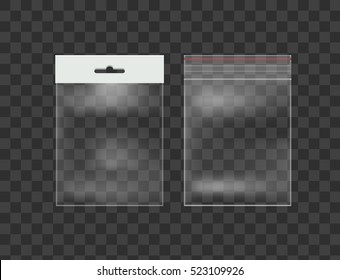 Sealed Empty Transparent Plastic Pocket Bags with Hang Slot. Vector objects Isolated on Background