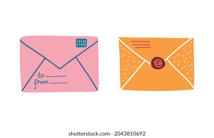 Sealed Envelope with Letter Inside and Postage Stamp as Postal Symbol Vector Set