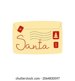 Sealed envelope with letter. Recipient Santa Claus. Christmas mail. Cartoon illustration. Isolated over white background.