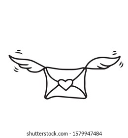 
The sealed envelope with the seal of the heart flies on the wings. Hand drawn isolated on white background.Design for greeting card, banner, coloring.