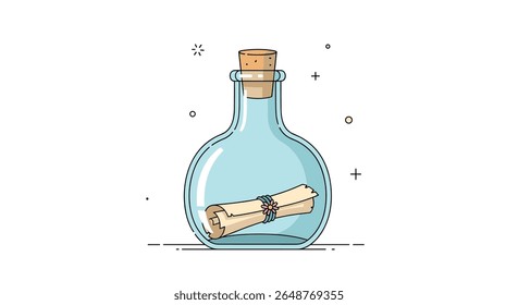 A sealed glass bottle containing a rolled parchment tied with twine floating in clear blue water evoking a sense of adventure and mystery