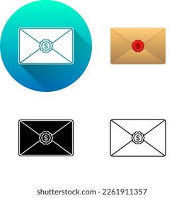 Sealed Letter Mail Envelope Icon Set of Flat Long Shadow, Color, Black-White Silhouette, Line Art Logo Symbol Isolated on White Background