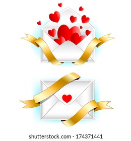Sealed and open envelopes with flying-out hearts. Valentine's day greeting letter. Love confession. Vector envelope with golden ribbons and hearts.