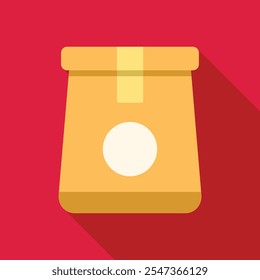 Sealed paper bag standing up with round label on red background