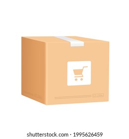 A sealed parcel box with a shopping cart image. put on a white background for delivery and shopping online concept design,vecter 3d isolated for advertising design