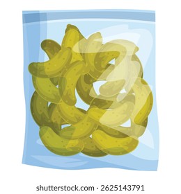 Sealed plastic bag containing a pile of gherkin pickles, ideal for representing food preservation, snacking, or grocery shopping