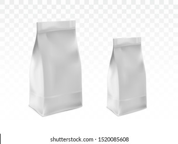 Sealed plastic, paper bag template set. Blank white, foil packet for tea, coffee or flour pack 3d realistic vector illustration isolated on transparent background. Pet food, detergent packaging mockup