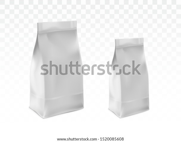 密封プラスチック 紙袋テンプレートセット 透明な背景に白い空白のパケット 茶 コーヒー または小麦粉パック3dのリアルなベクターイラスト ペットフード 洗剤の包装モックアップ のベクター画像素材 ロイヤリティフリー