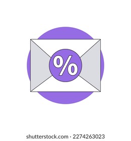 Sobre postal sellado en círculo violeta. Signo de porcentaje sobre el sello morado. Metáfora de oferta o descuento. Propuesta comercial rentable que satisface las necesidades del cliente. Acción favorable para la toma de decisiones.