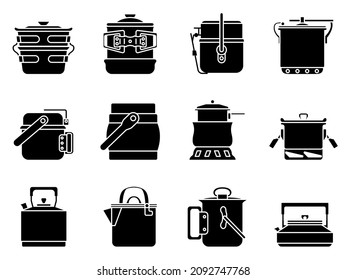 A sealed pot, a kettle for boiling, a saucepan with a lid. Cooking outside, on a campfire. Tableware for camping, hiking, travel. Set of vector icons, glyph, isolated