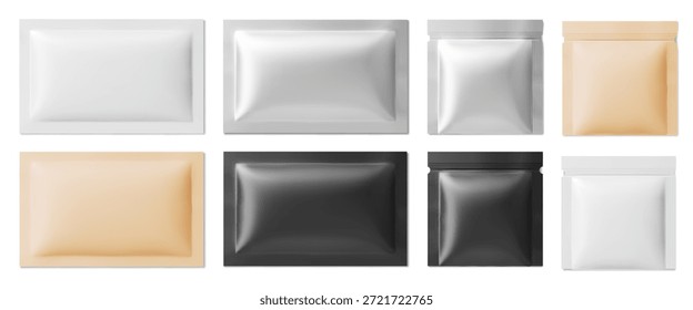 Conjunto de maquetas de bolsitas selladas aisladas sobre fondo blanco. Ilustración realista de Vector de paquetes de cremallera de plástico negro, amarillo y plateado para productos cosméticos o alimenticios, diseño de paquete individual para marca