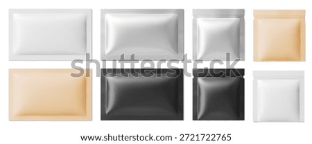 Sealed sachet mockups set isolated on white background. Vector realistic illustration of black, yellow, silver plastic zip packages for cosmetic or food product, individual pack layout for branding