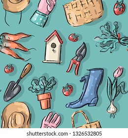 Sealess pattern with garden tool, gardening tools, birdhouse, rubber boots, garden gloves, pruner, garden shovel, carrots, tulips