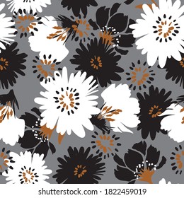 Sealess pattern Hand drawn Artistic bloomimg floral white,Brown ,black om light grey background ,Design for fashion , fabric, textile, wallpaper, cover, web , wrapping and all prints 