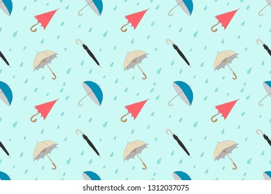 Sealess spring pattern, Hand drawn Umbrellas, cloud, rain, water, spring, background