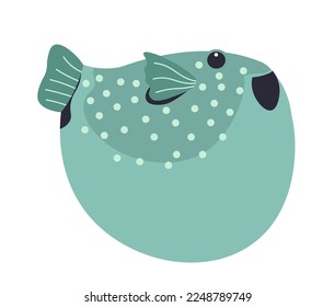 Sealife and aquarium, puffer fish type, isolated icon of aquatic animal with fins and tales, scale and rounded body. Fauna of underwater, tropical and exotic water dweller. Vector in flat style