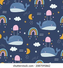 Sealife Background Seamless Pattern Blue Whale For Kids Hand Drawn Design In Cartoon Style. Use For Textiles, Prints, Wallpapers, Vector Illustrations.