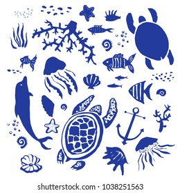 Sealife blue vector hand drawn stylized set on white background